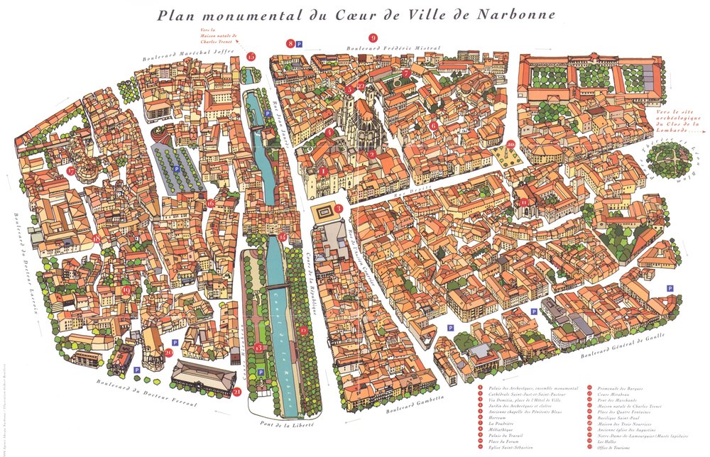 map of Narbonne, the canal cutting through the center of town